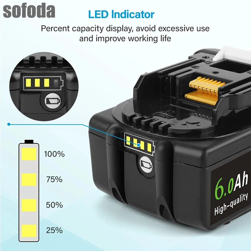 For Makita 18V 6000mAh Rechargeable Power Tools Battery with LED Li-ion Replacement LXT BL1860B BL1860 BL1850+2A Charger