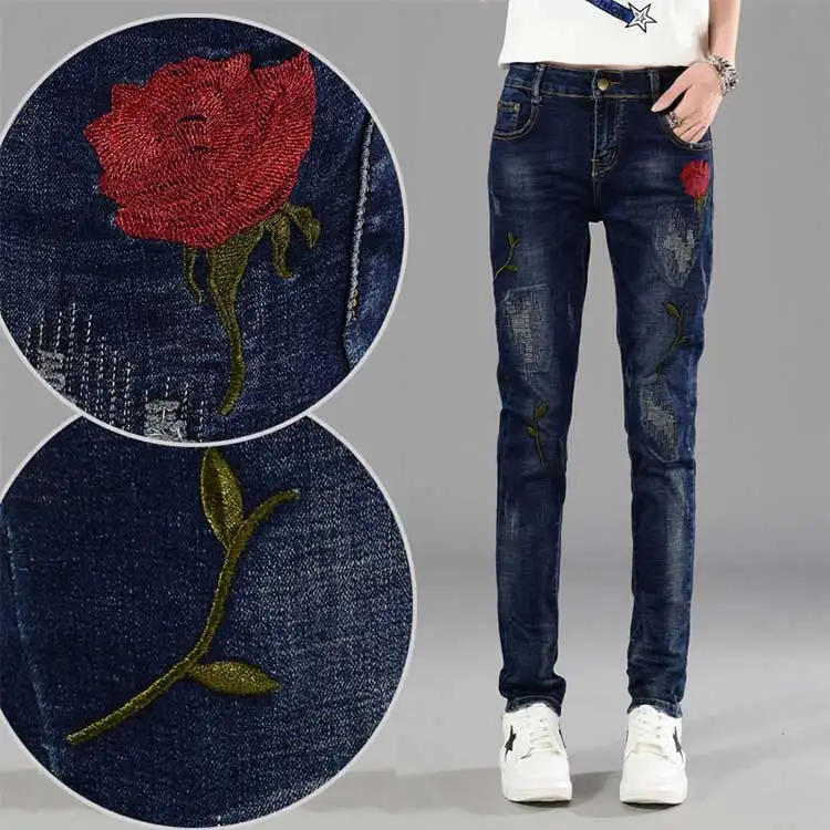 Luxury Brands High Quality Woman 2025 Women's New Embroidery Flower Elastic Slim Jeans Women's Trousers Skinny Harlan Pants