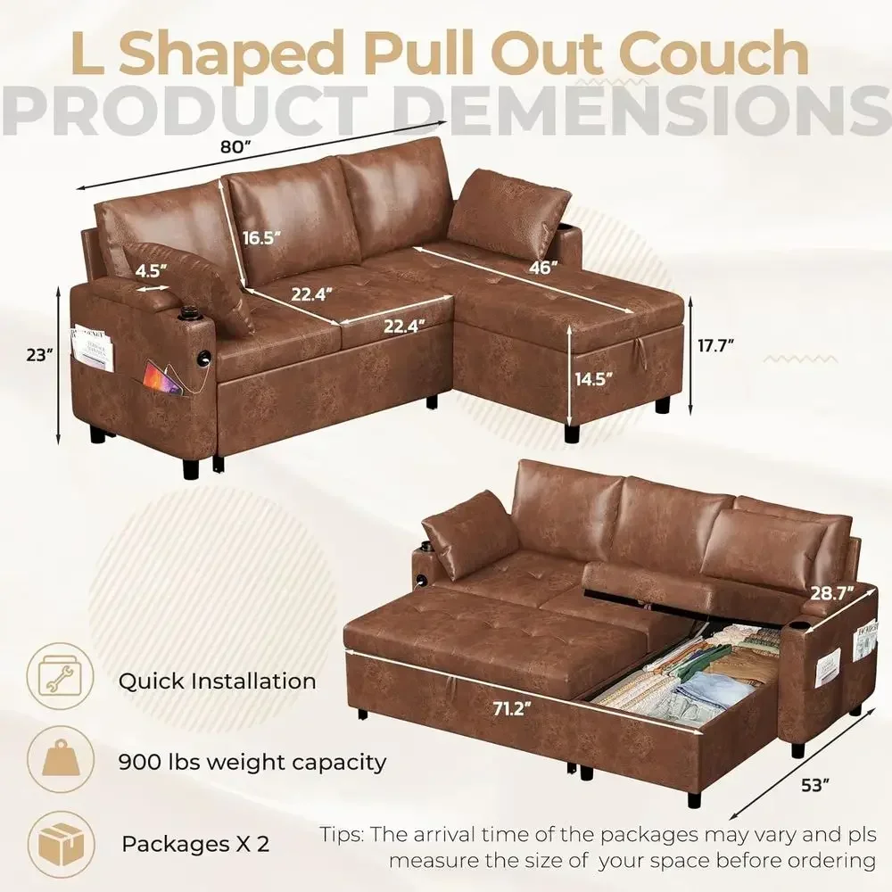 3-in-1 Convertible Couch with Storage, Reversible Chaise, Leather Sofa Bed, USB & Cup Holders, Brown