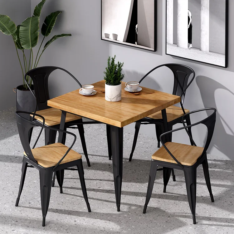 Industrial style solid wood iron table chair combination modern simple coffee shop restaurant commercial rectangular table