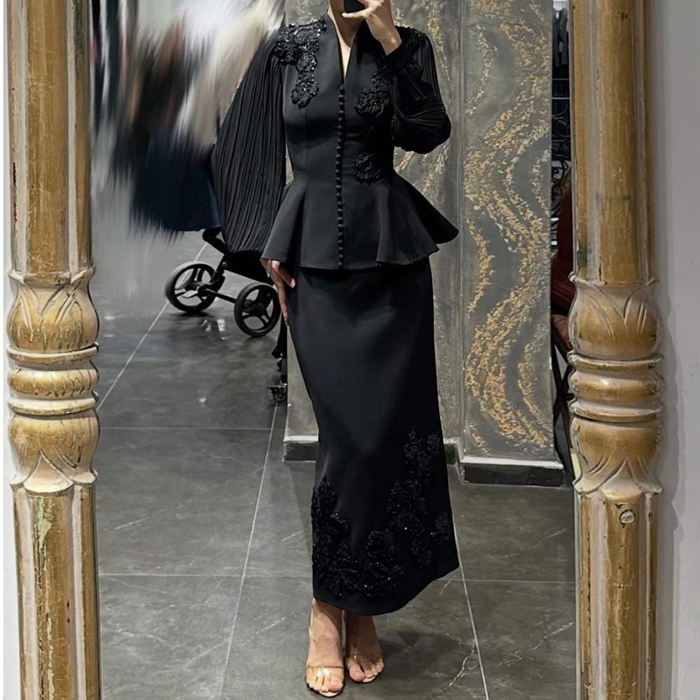 

Customized Straight Evening Dresses Ankle-length V-neck Full Sleeve Prom Gown Fashion Flowers Button Simple Draped Party Gown