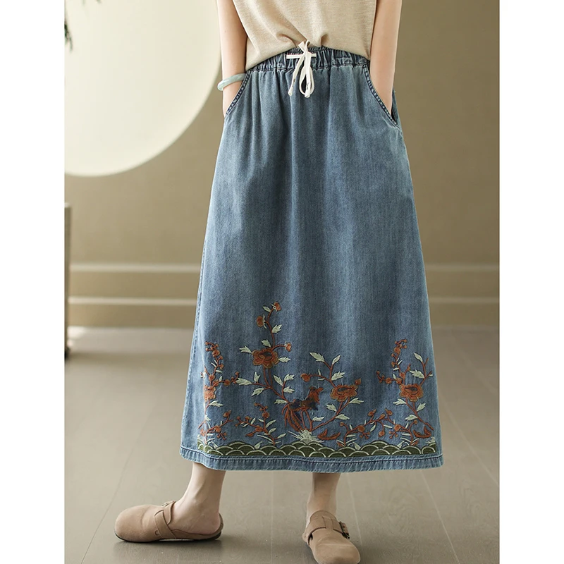 

Джинсовая юбка трапециевидной формы с завышенной талией в стиле ретро, с вышивкой, для похудения, женская юбка больших размеров, повседневная хлопковая юбка...