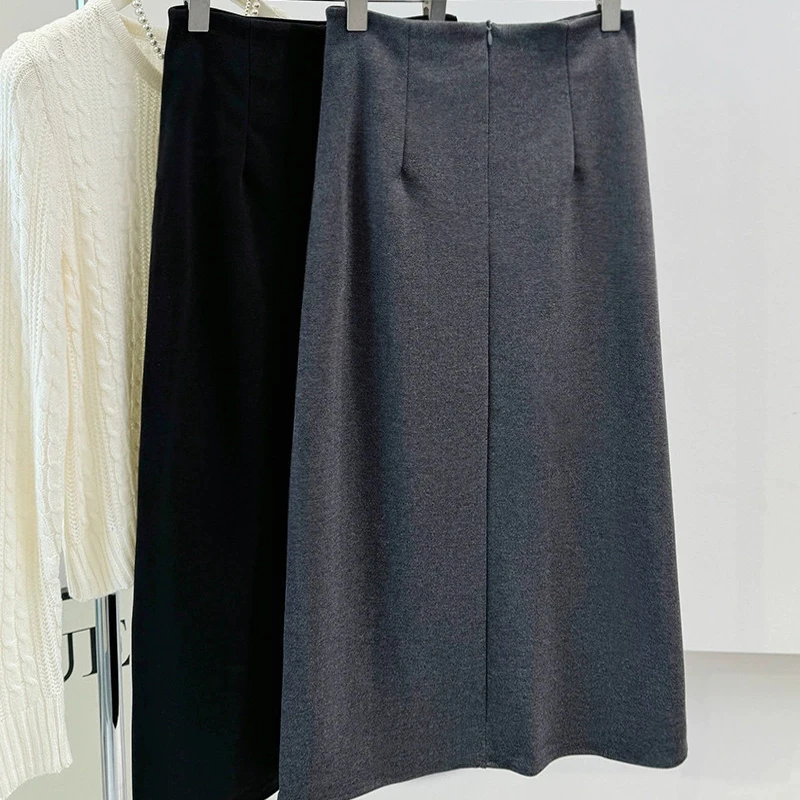 Grey Irregular Pleated Woolen Skirt for Women 2025 New Autumn Winter High Waist Slim Fit Straight Leg Slit Long Skirts