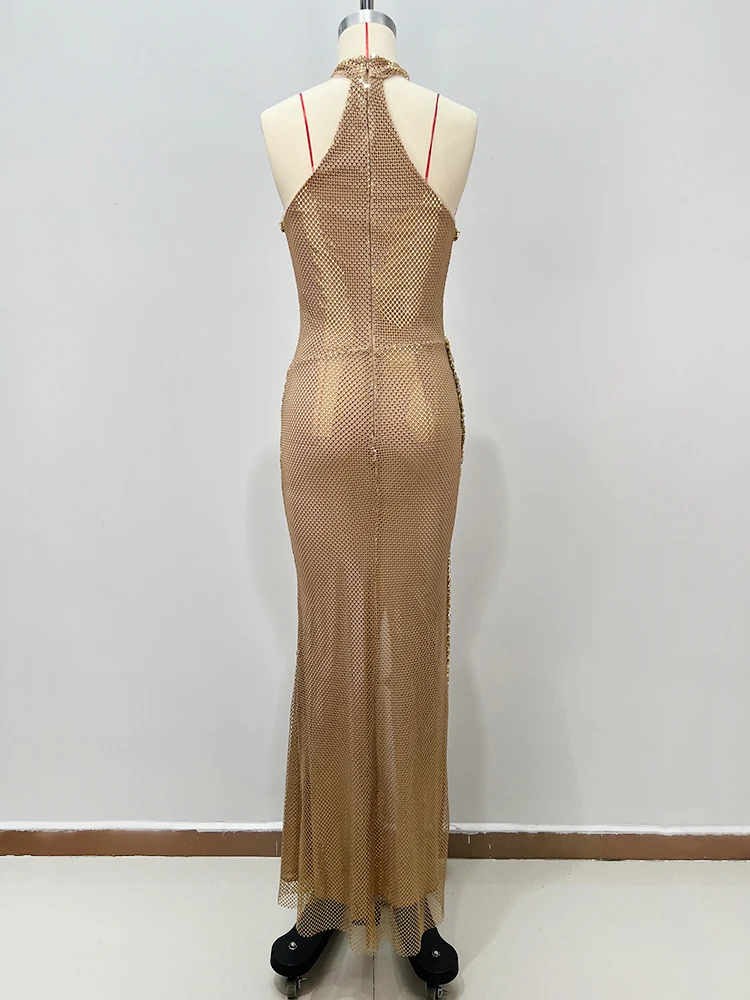 섹시한 골드 스팽글 이브닝 드레스 여성용 반짝이는 컷아웃 백리스 홀터넥 칵테일 파티 가운 하이 슬릿 바디콘 드레스