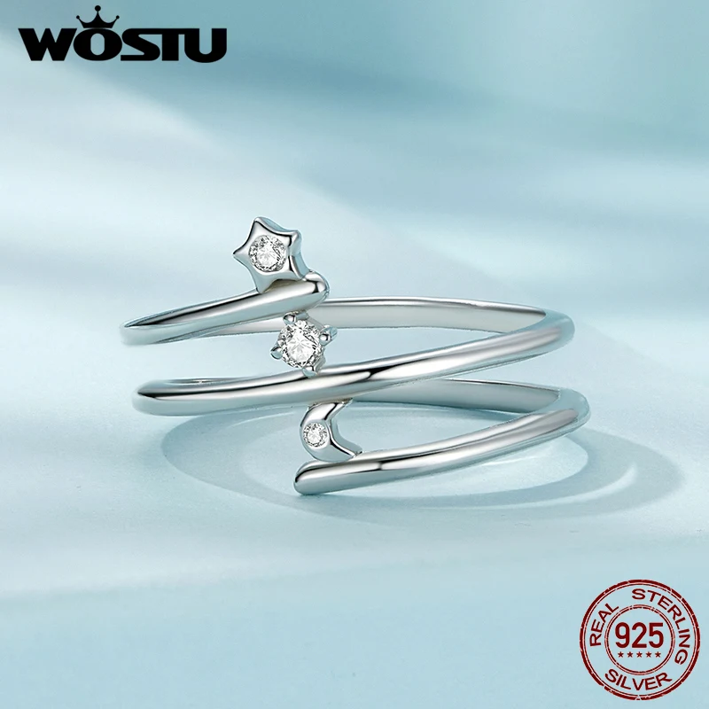 WOSTU Original Multi-layered Stars and Moon Ring 925 Sterling Silver with CZ for Women Fine Jewelry Party Dating Wedding Gift