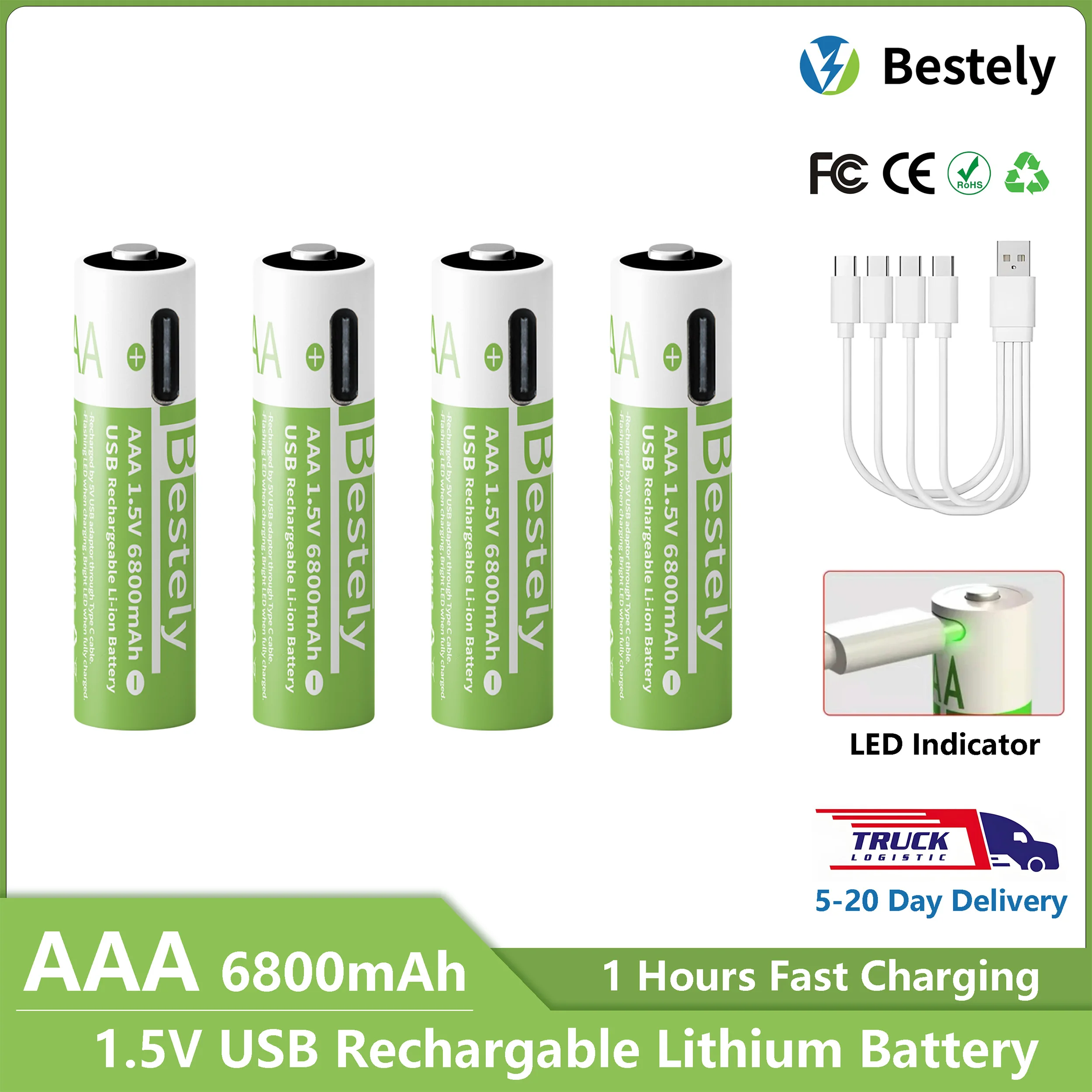 Bestely 1.5V 6800mAh AAA Li-ion Rechargeable Battery free Type-C Cable 2000 Cycle Charge Equipped Triple-layer Safety Protection