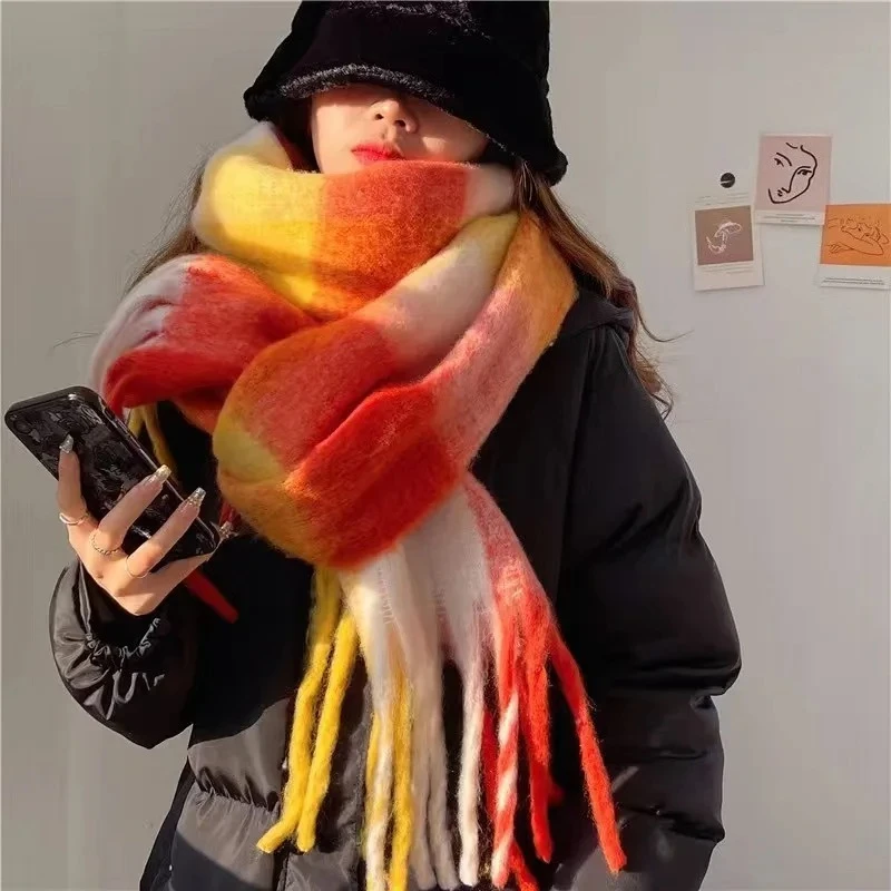 Winter Thick Warm Women's Cashmere Shawl Pashmina Neckerchief Rainbow Hairy Tessel Fashion Wrap Echarpe Female Accessory