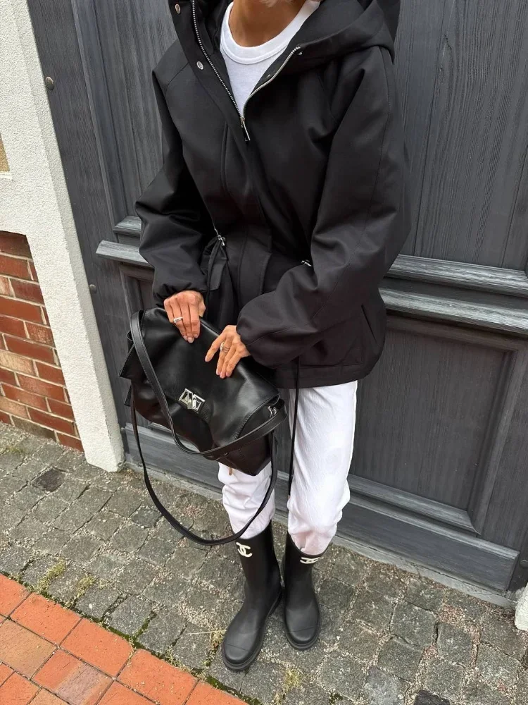 Women Casual Solid Hooded Drawstring Lace Up Parka Fleece Lined Multi Pocket Jacket 2026 Women's Fashion Winter Commute Outfits