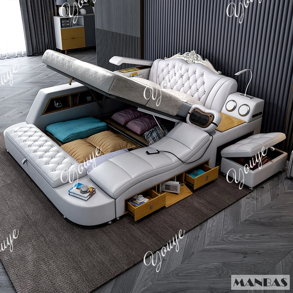 

MANBAS Ultimate Bed Frame Tech Smart Multifunctional Bed with Genuine Leather, Massage, USB, Bluetooth Speaker, Tatami & Safe