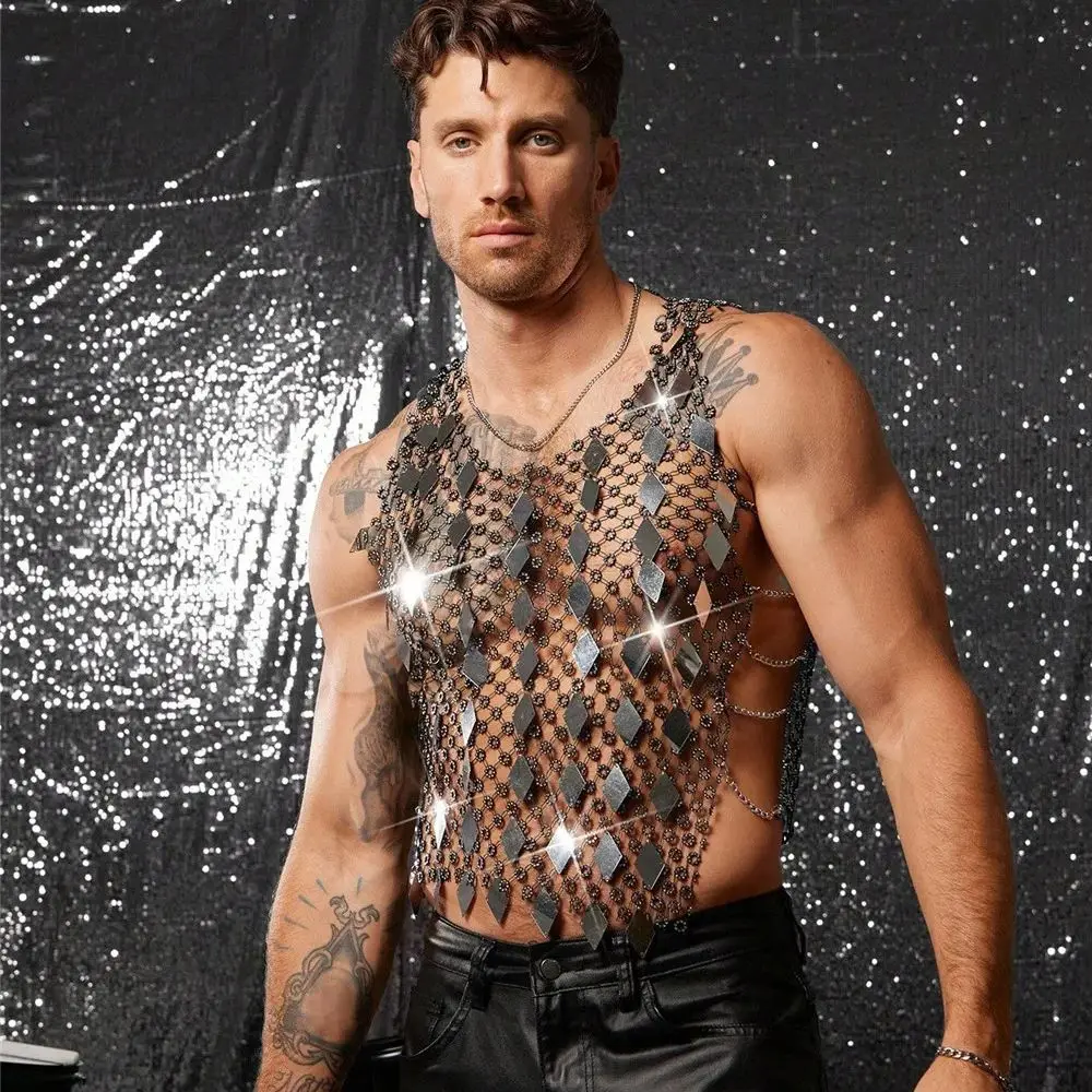 

Sexy Diamond-Studded Fishnet Men's Vest Diamond-Shaped Sequin Cut-Out Top Rhinestone-Embellished Breathable Mesh Undershirt