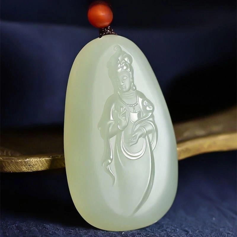 New Natural Blue and White Jade Guanyin Pendant, Exquisite and Elegant Fashion Necklace.