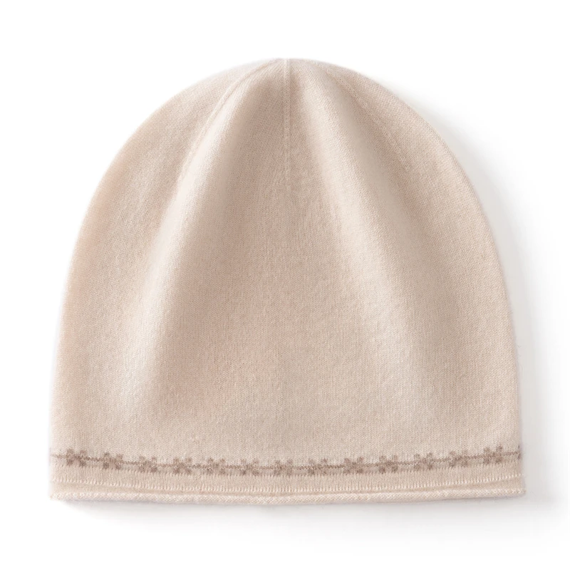 KOIJINSKY 100% Pure Cashmere Knit Beanie Subtle Pattern Trim Straight Cut Soft Warm Winter Slouch Hat for Women