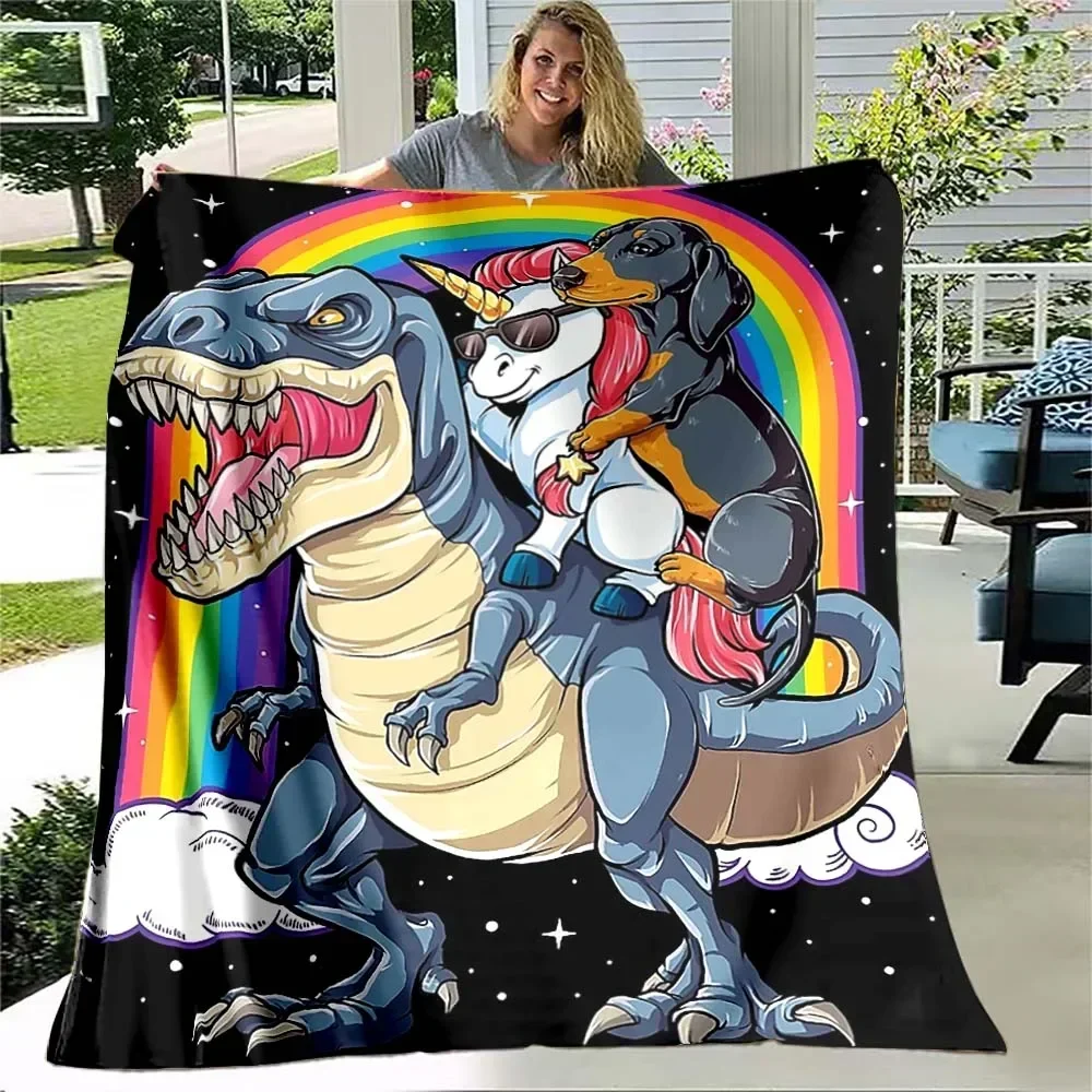 

Living Room Bedroom Cartoon Bedspread Dachshund Husky Unicorn Riding Tyrannosaurus Rainbow Funny Soft Flannel Throw Blanket