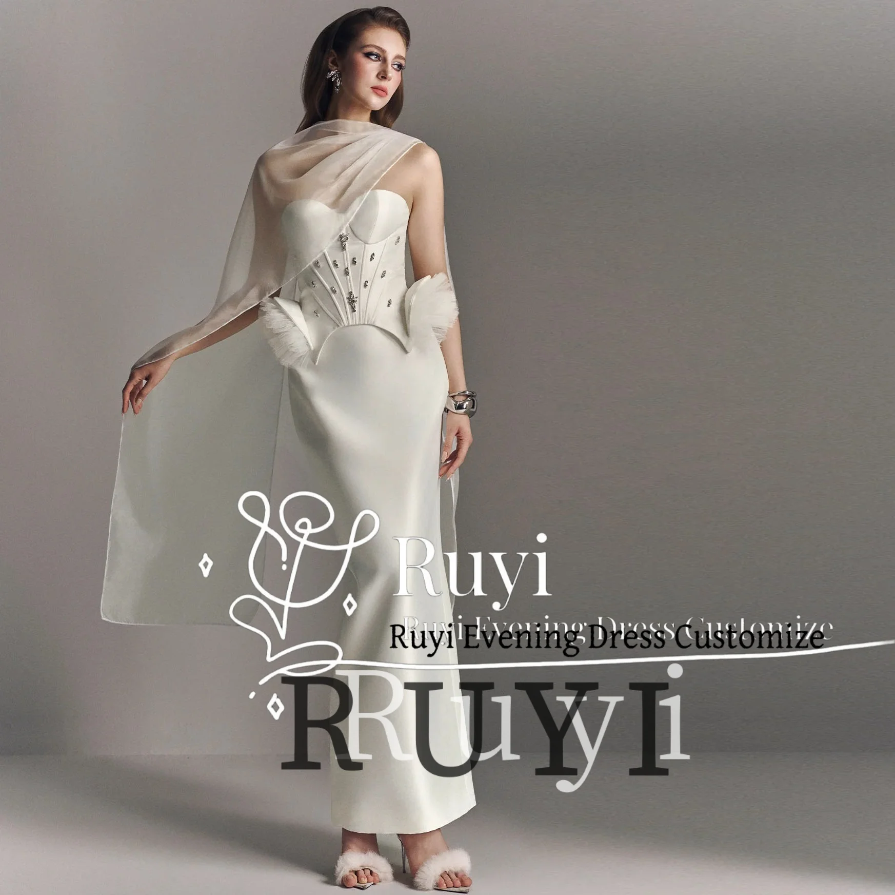 Customized Formal Evening Dress Strapless White Satin Prom Gown with Cape Crystal Ruffles Trim Elegant Party Dress