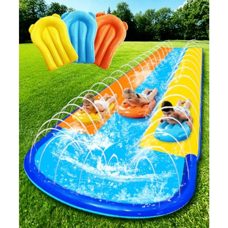 

Backyard outdoor water slide for kids: triple-lane, 16ft x 82in extra-long wide PVC slide with 3 bodyboards and upgraded surrou
