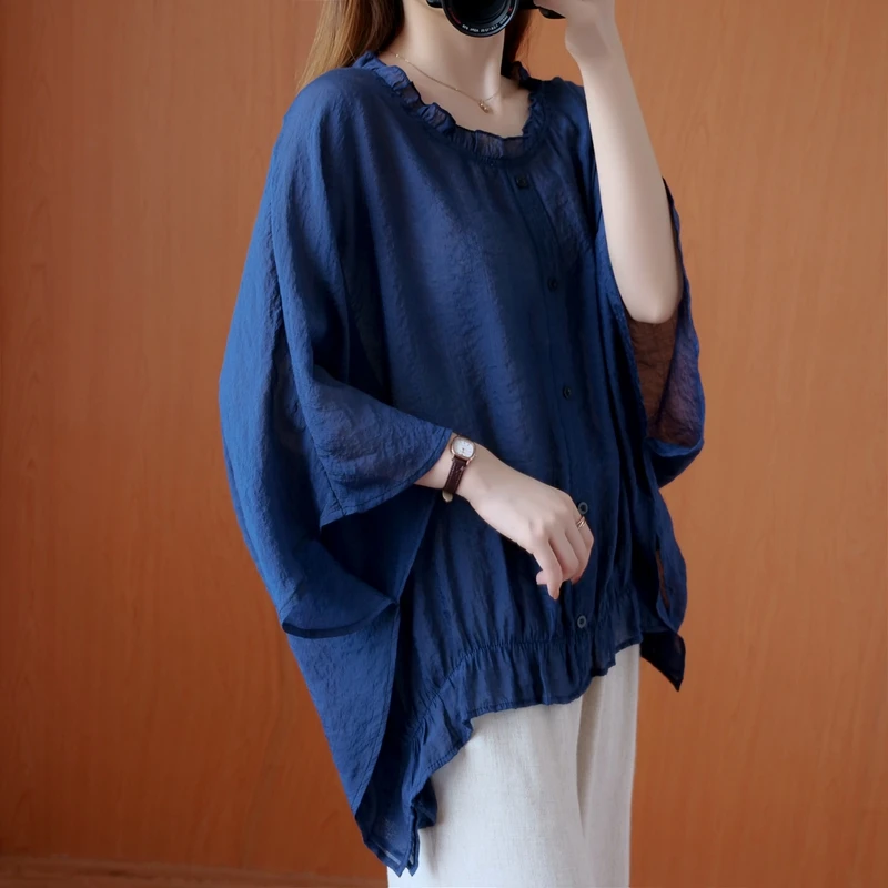 New Summer Women's Loose Linen irt Batwing Sve Slimming Top Korean Sle round Ne ort Sve Faion Trend 2025
