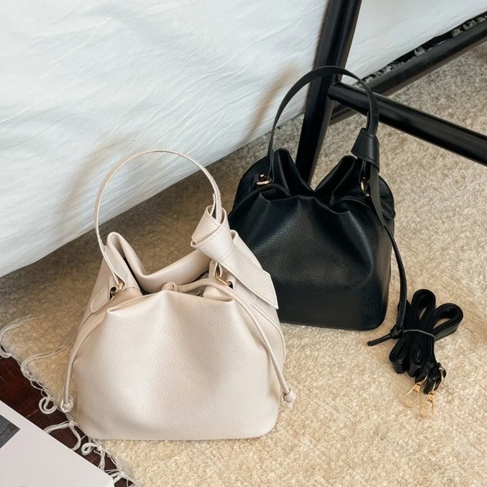 New Top Handle Drawstring Bucket Bag Removable Strap Solid Color Crossbody Handbag Multi-Way Leather Handbag For Women