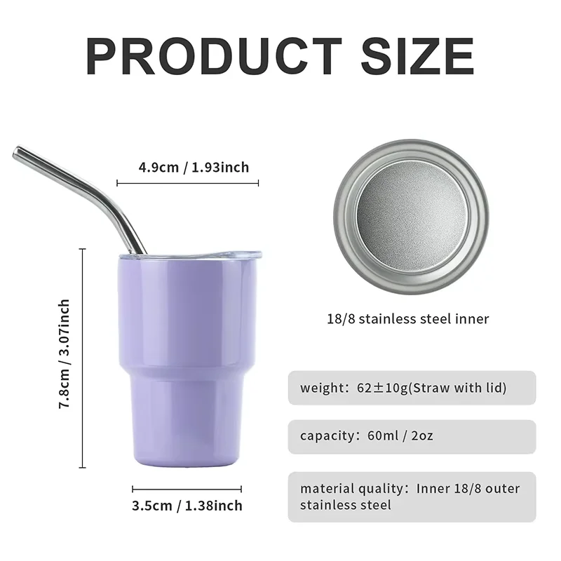 1 Piece 2oz Mini Tumbler Shot Glass with Straw and Lid Stainless Steel Cute Cups Double Wall Vacuum Insulated Shot Glasses Cups