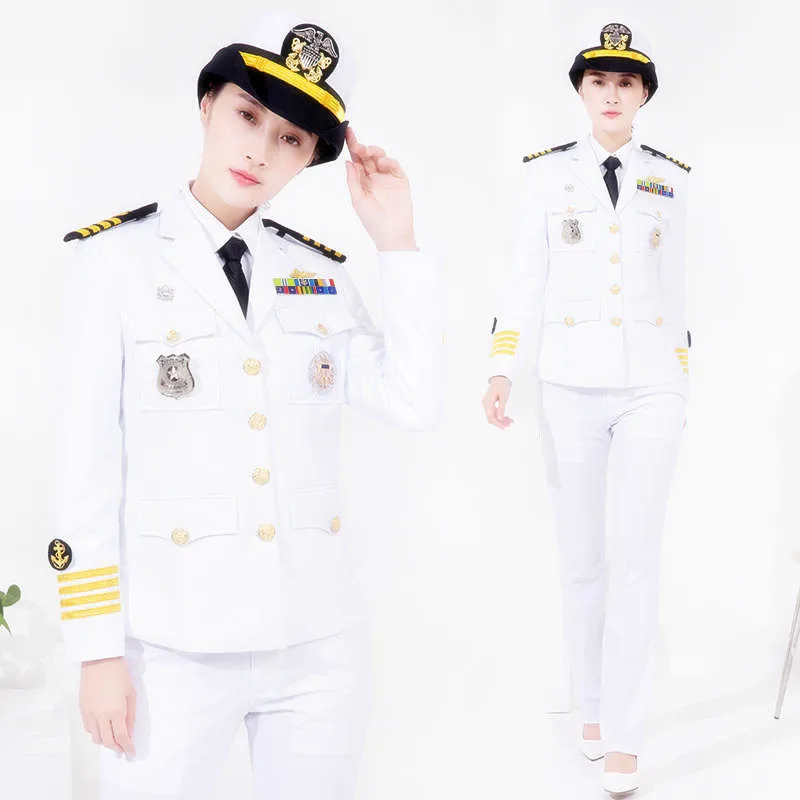 

Madam White Formal Uniform Luxury Yacht Hotel Woman Captain Standard Hat + Coat + Pants or Skirt Europe Navy Party Attire CT052