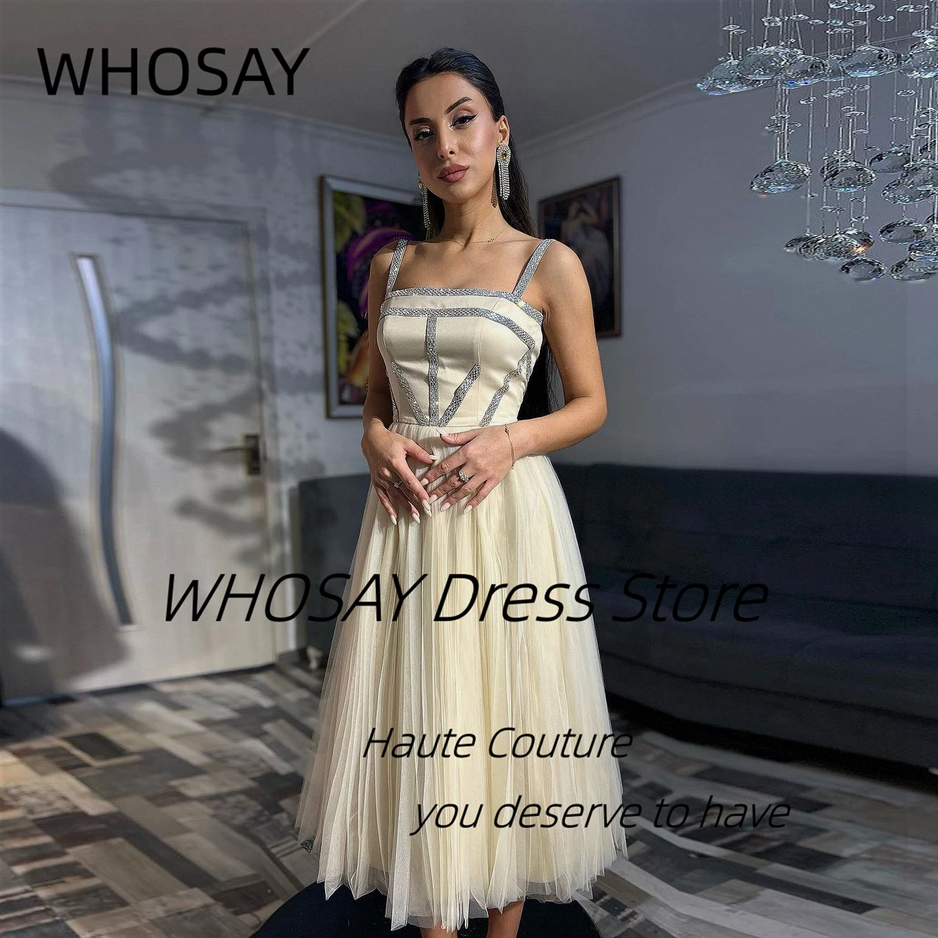 WHOSAY Spaghetti Strapless Prom Dresses with Chain Drill Homecoming Dress Ruched Tulle A Line Wedding Party Graduation Gowns