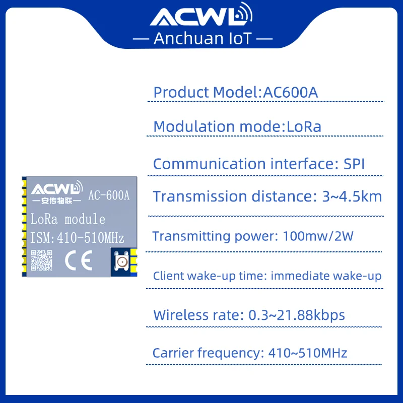 Módulo RF inalámbrico de espectro extendido de potencia ultrabaja AC600A-2W Chip SX1268 Modulación LoRa rentable 410MHz - 510MHz