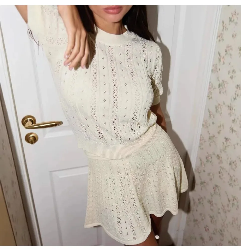 

Summer New Round Neck Hollow Short-Sleeve Loose T-Shirt Top Thin Solid Color Skirt Knitwear
