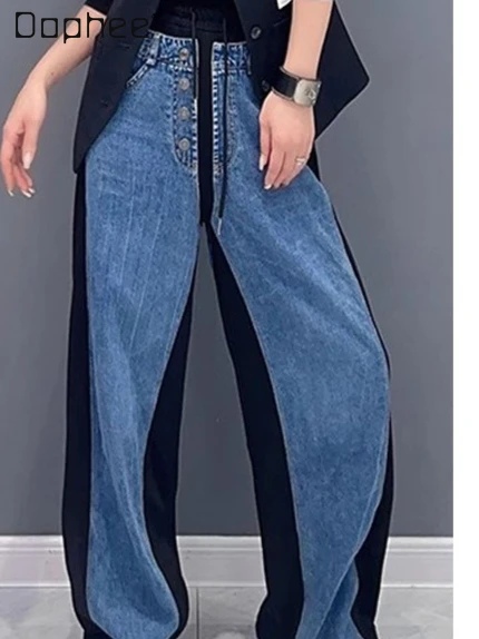 

Джинсовые джинсы в европейском и американском стиле с высокой талией и широкими штанинами, осенние новые модные утягивающие универсальные повседневные брюки для женщин