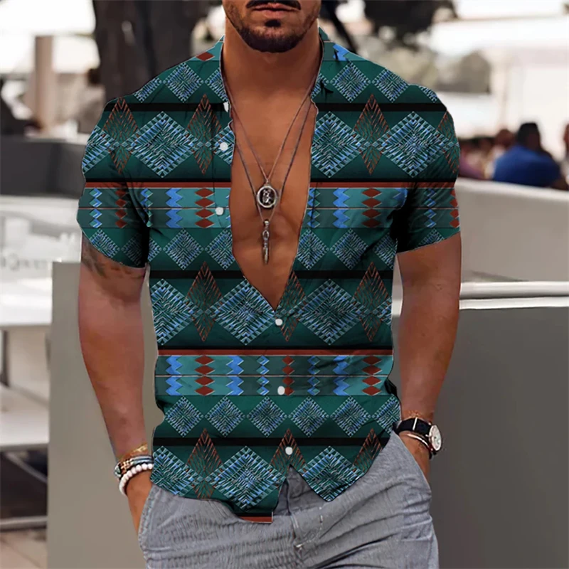 Ethnic Print Shirt For Men Summer Lapel Shirts 2024 Plaid Graphic Short-sleeved Male Tops Oversized Street Hip-Hop Tees Clothing