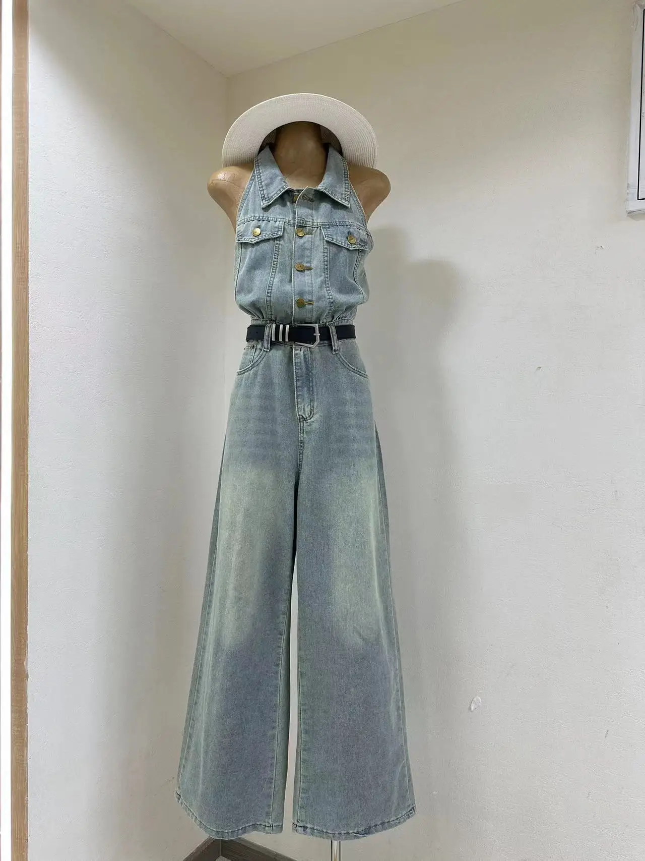 

Missy Rayne Summer 2024 High Waist Wide Leg Denim Jumpsuit Svel oulderl Slimming Long Leg Effect Trendy One-Piece