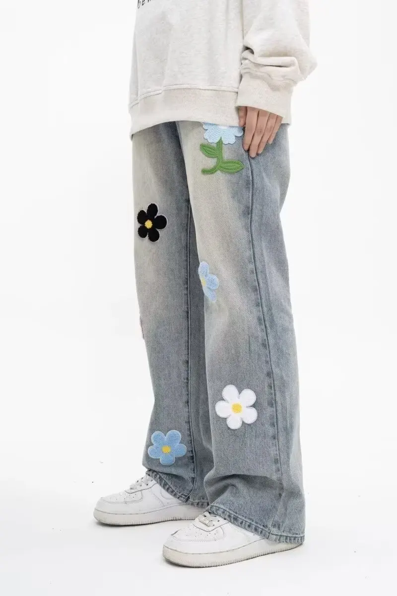 Blume Stickerei Jeans Für Männer Hiphop Lose Blütenblatt Patch Breite Bein Hosen High Street Retro y2k Kleidung koreanische mode Pantalones