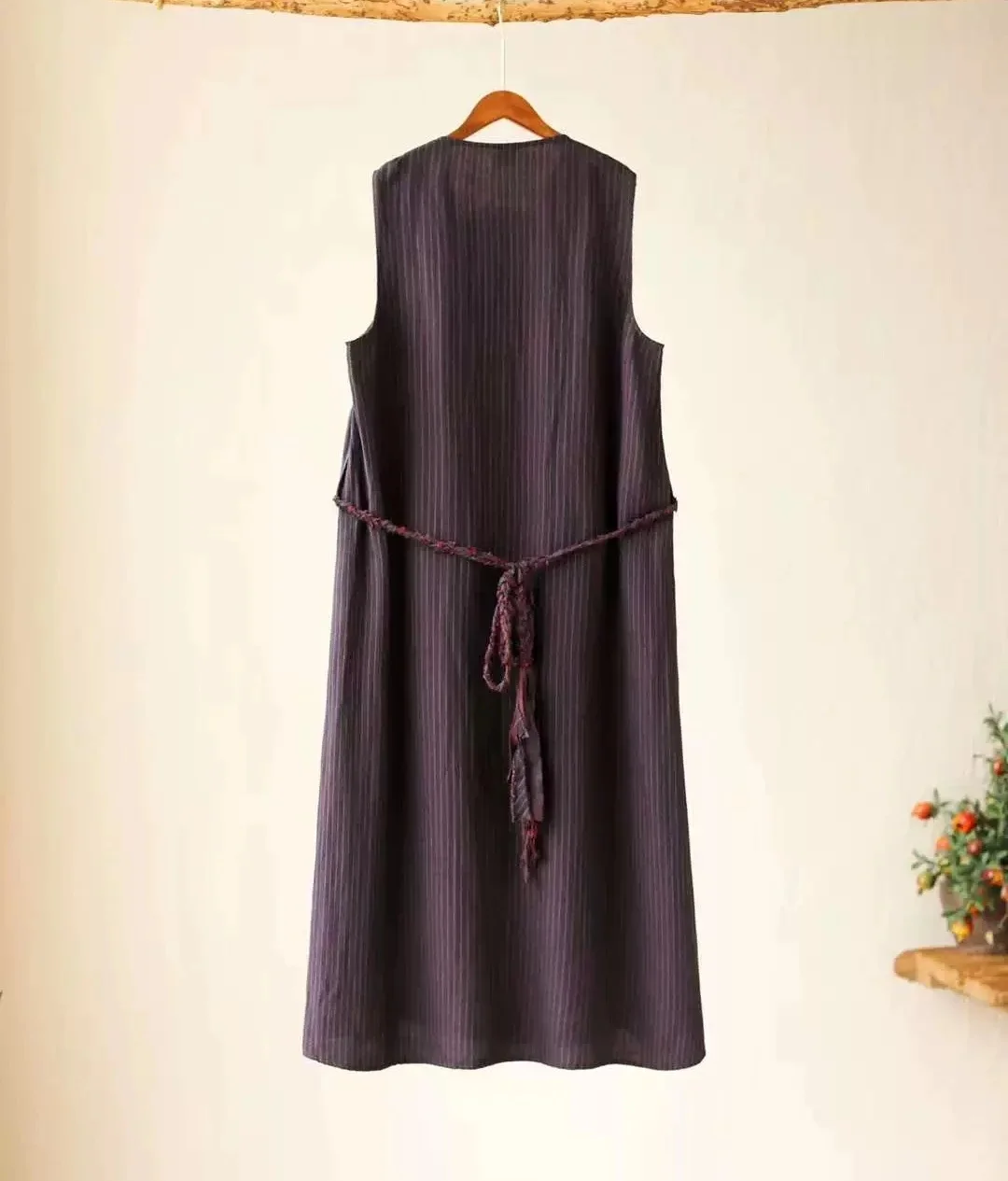 Luxury Vest dress national style embroidery dresses vintage plus size sleeveless dresses 100% linen striped Long dress