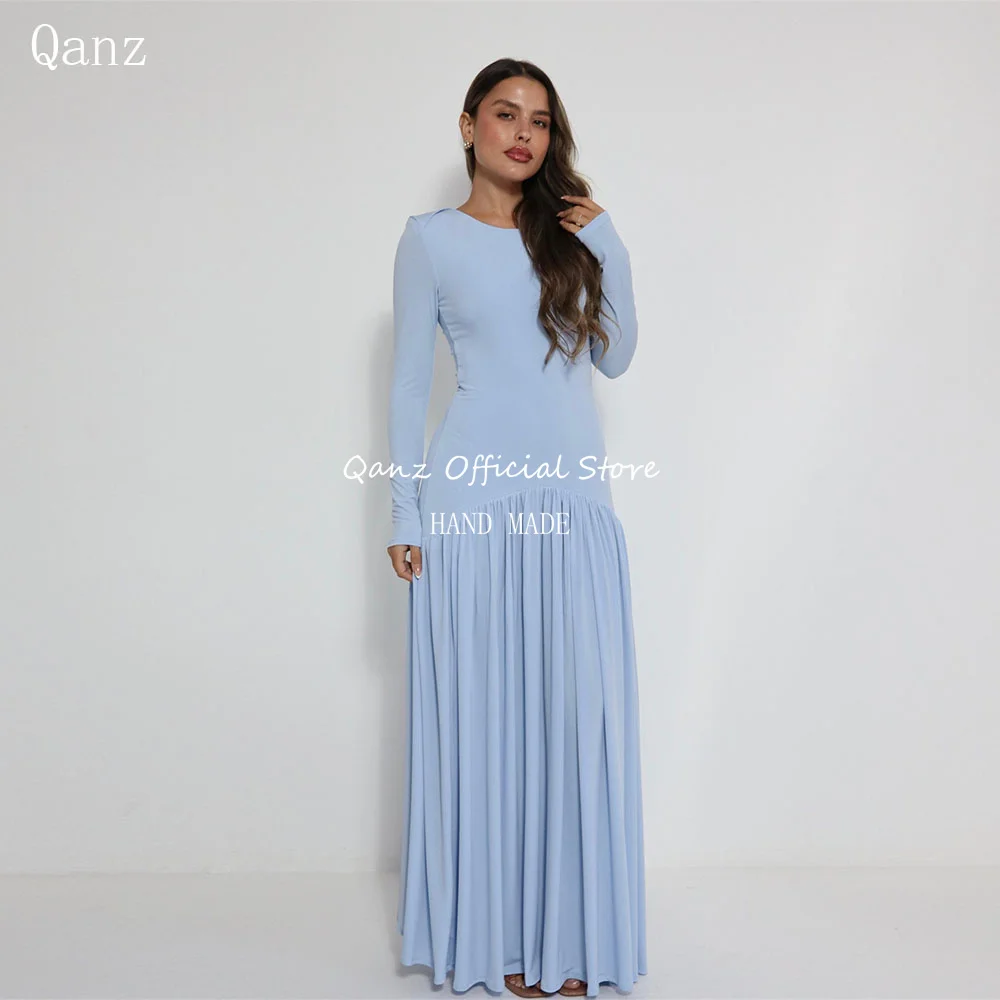 Qanz Baby Blue Woman Formal Evening Gowns Long Sleeves O Neck Wedding Guest Dress Floor Length Women Robe De Soirée Customized