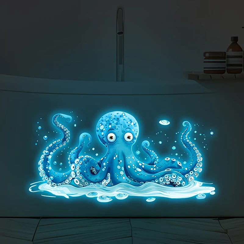 Glow-in-the-Dark Blue Octopus Sticker For Bathroom And Kitchen Sinks Self-Adhesive Removable Wall Sticker Waterproof