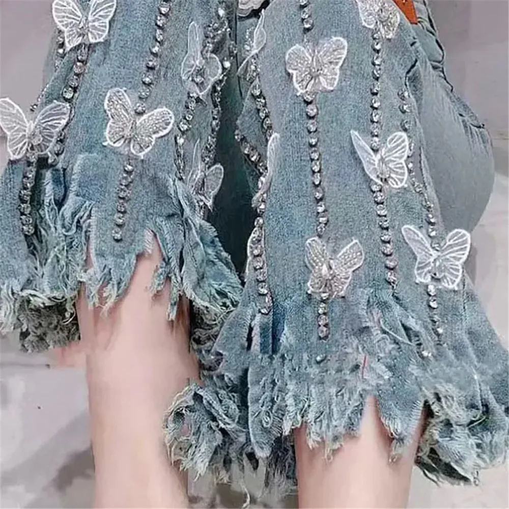 Design Sense Heavy Industry Diamond Set Split Ragged Edge Jeans Women'S Summ Loose High Waist 3d Butterfly Slimpant Y2k Clothing