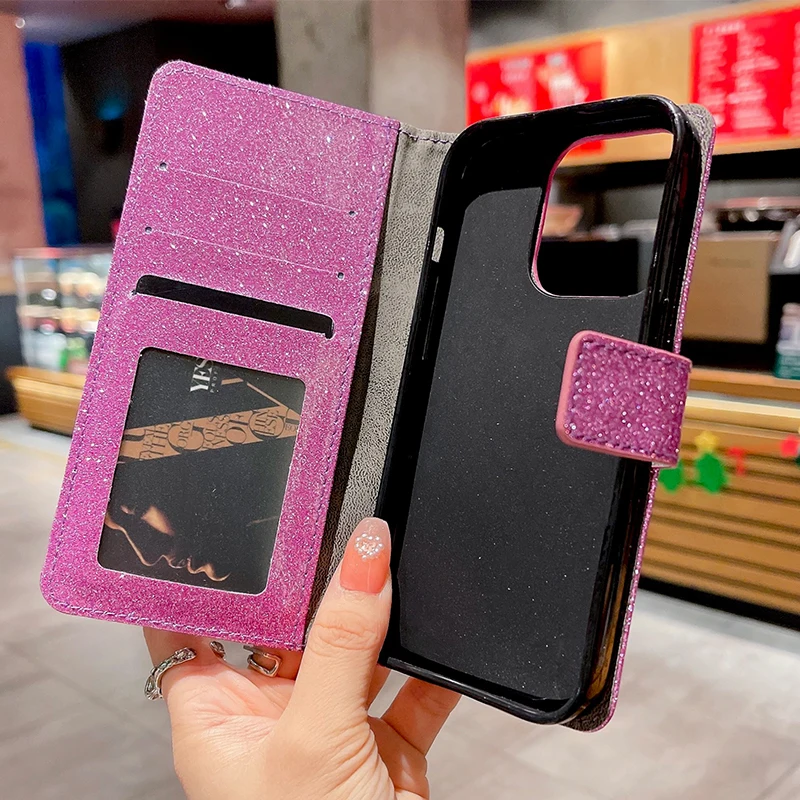 Glowing Glitter Leather Flip Phone Case Pink iPhone 17 ProMax Air 16 E 15 Pro 14 Plus 13 12 Mini X XR XS 11 Max 7 8 Luxury Cover