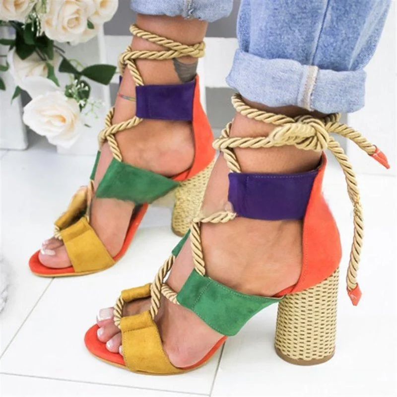 

Large Size Women's Sandals 209 Summer Trend Color Blo Personali Knot Thi Heel High Heel Faionable Open-Toe oes