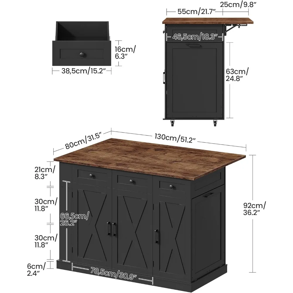 طاولة جزيرة المطبخ المتحركة مقاس 51.2 بوصة مع سطح قابل للطي، عربة جزيرة المطبخ مع مساحة تخزين، خزانة سلة المهملات، درجين، رف توابل #4