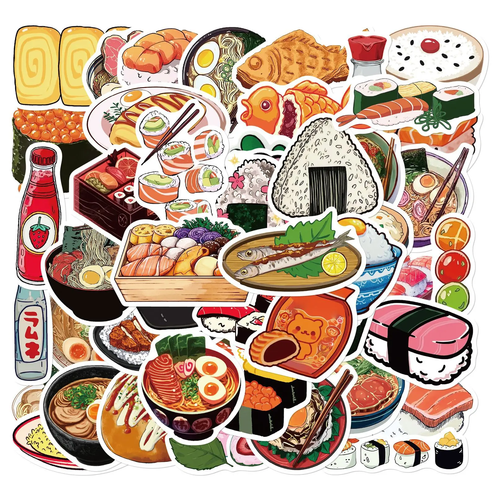50 pegatinas bonitas de comida japonesa, pegatinas de vinilo impermeables de sushi, ramen y salmón para portátil, equipaje, guitarra, casco, pegatinas DIY