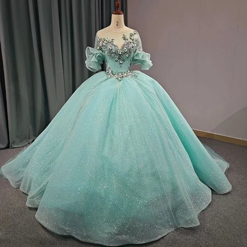 

Light Green Shiny O-Neck 3D Flowers Beads Quinceanera Dress Ball Gown Puffy Dress 16th Birthday Debut vestido de charra 15 años