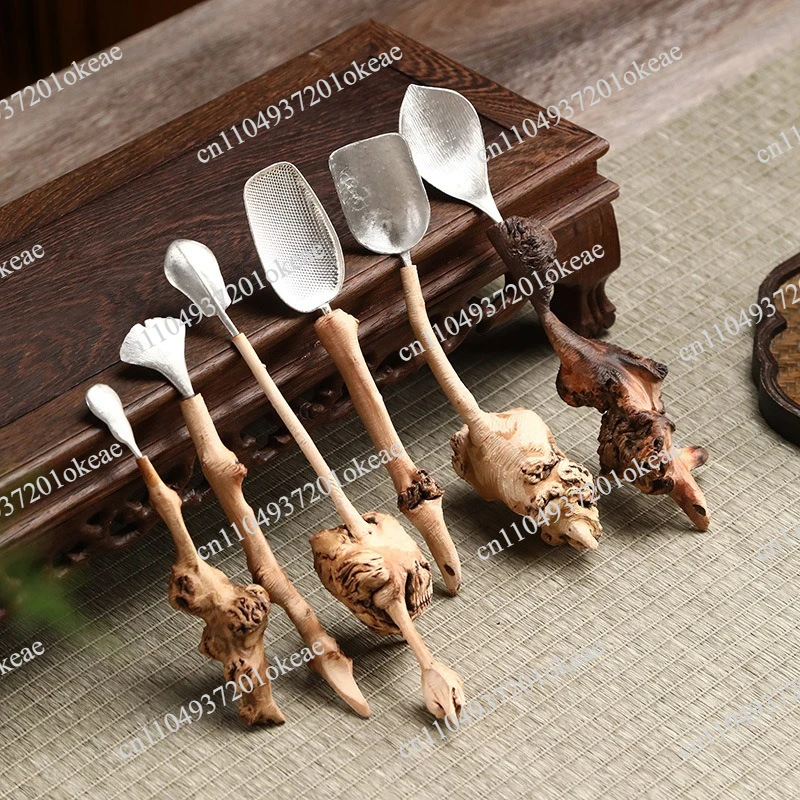 Wood tree nodule tin teaspoon, pure tin tea dial, original ecological solid wood tea grill