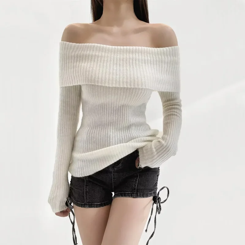 

Ribbed Fold Over Bardot Jumper for Women, Knitted Long Sleeve Top, Deep Fold Over, Off Shoulder Detail