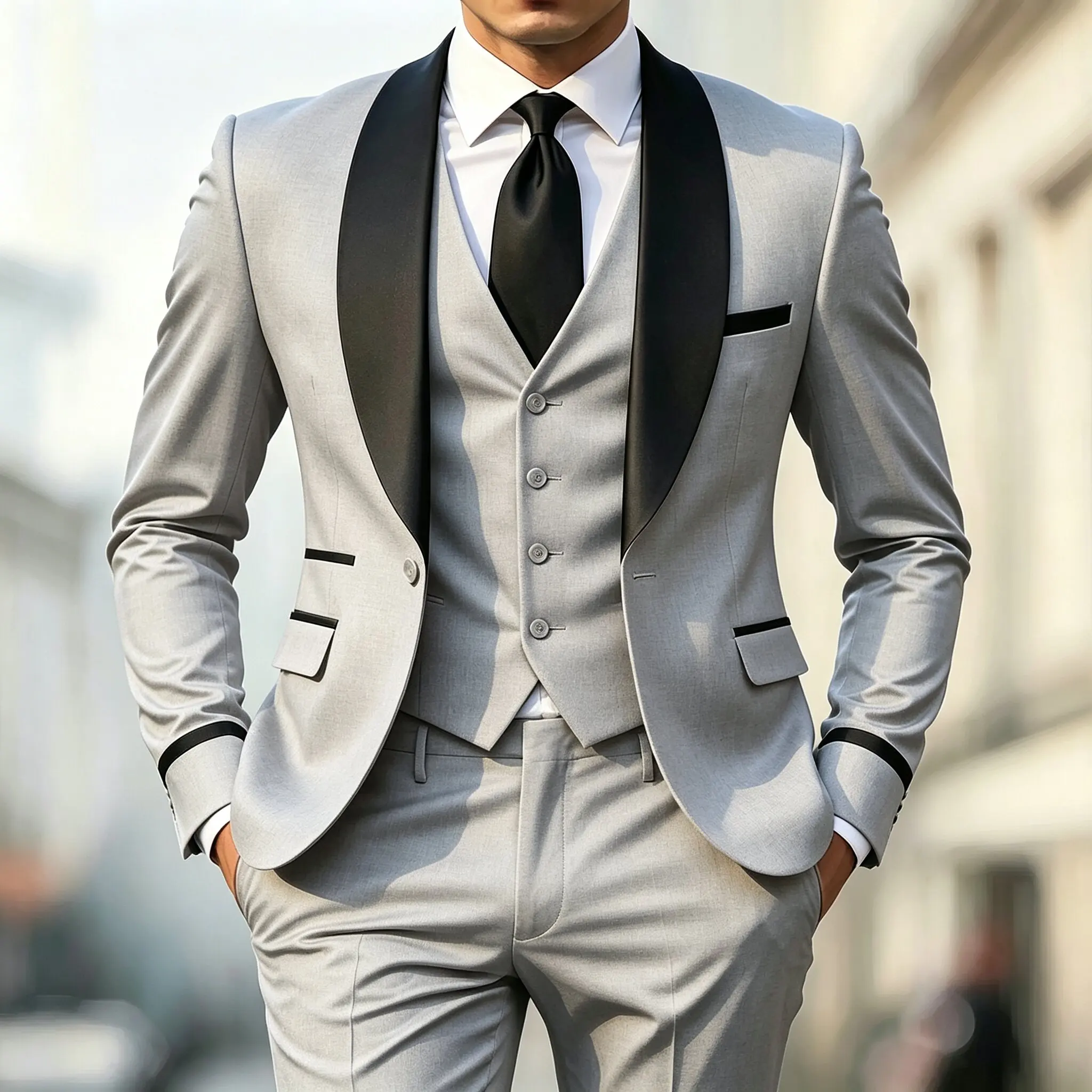 Herren Herbst Hochzeitsanzug Dreiteiliges Set Große Größe Herren Blazer Mantel Hose und Weste Modischer Slim Fit Anzug – Detail 10