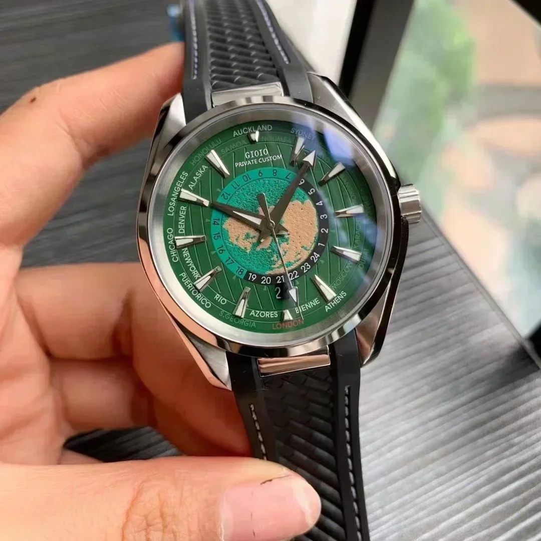 Mens Automatic Watch Mechanical Sapphire Black Blue Rubber Luminous Stainless Steel Rose Gold World Map