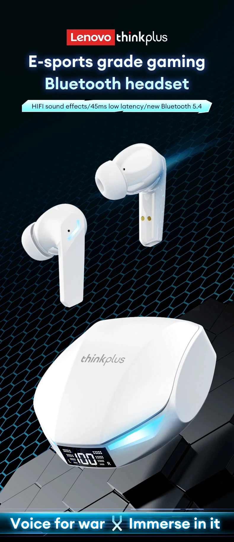 Choice Lenovo XT53 Upgrade Bluetooth 5.4 Earphone Low Latency Wireless Gaming Earbuds LED Display Waterproof Headphones with Mic