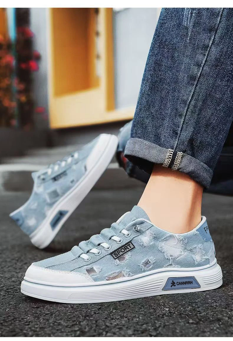 New Blue Distressed Ripped Denim Sneakers Men's Slip On Canvas Shoes Man Niche Plimsolls Low Top Casual Skate Sneakers Male Shoe