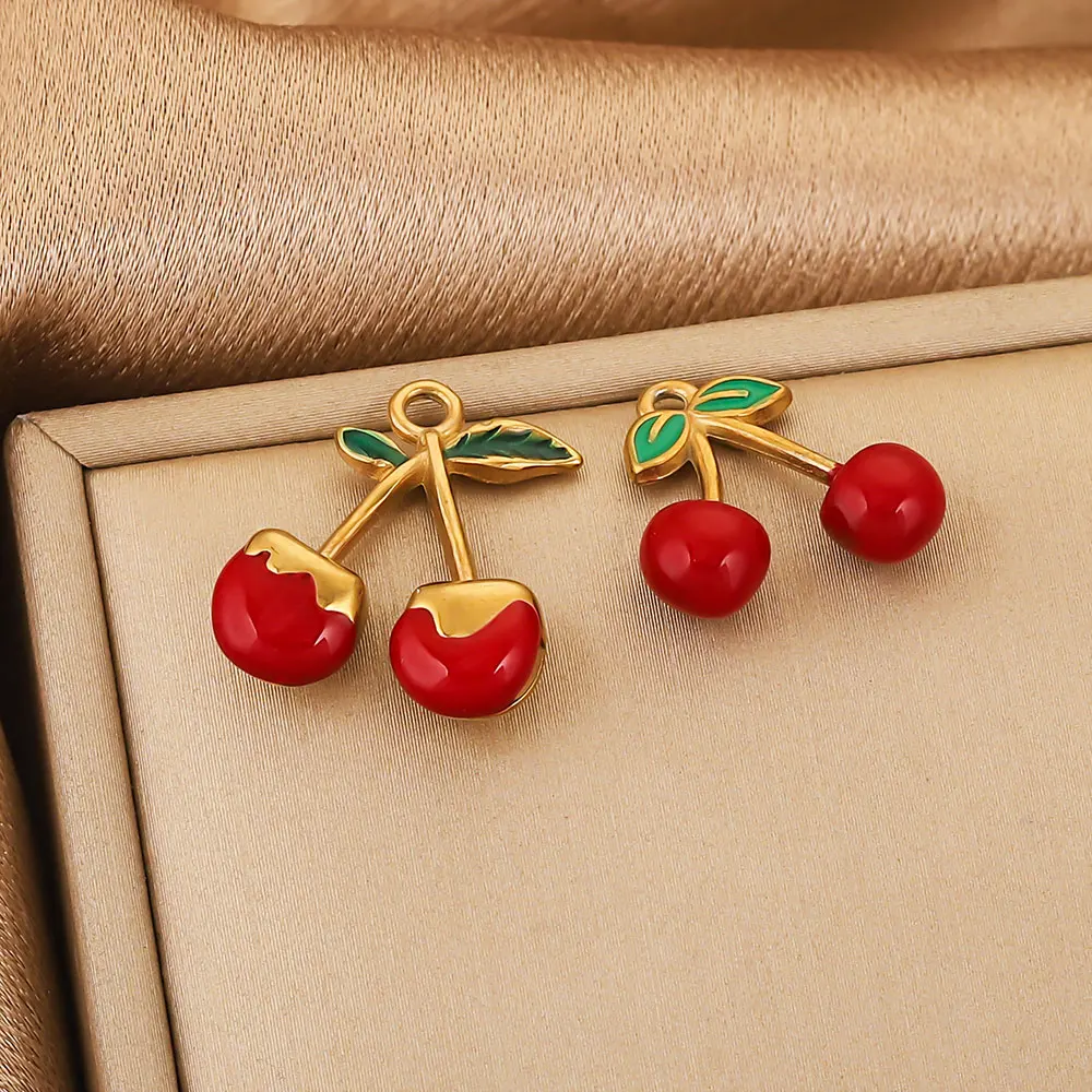 5pcs/lot Stainless Steel Cherry Charm Enamel Gold-plated for DIY Necklace Earring Jewelry Making Accessories Materials Wholesale