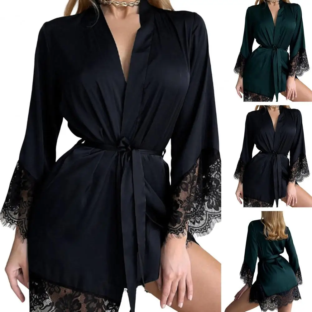 Women Sexy Lingerie Satin Robes Lace Nightdress Nightwear Sleepwear Kimono Lace Cuffs Skin-friendly Sleepdress Solid Color