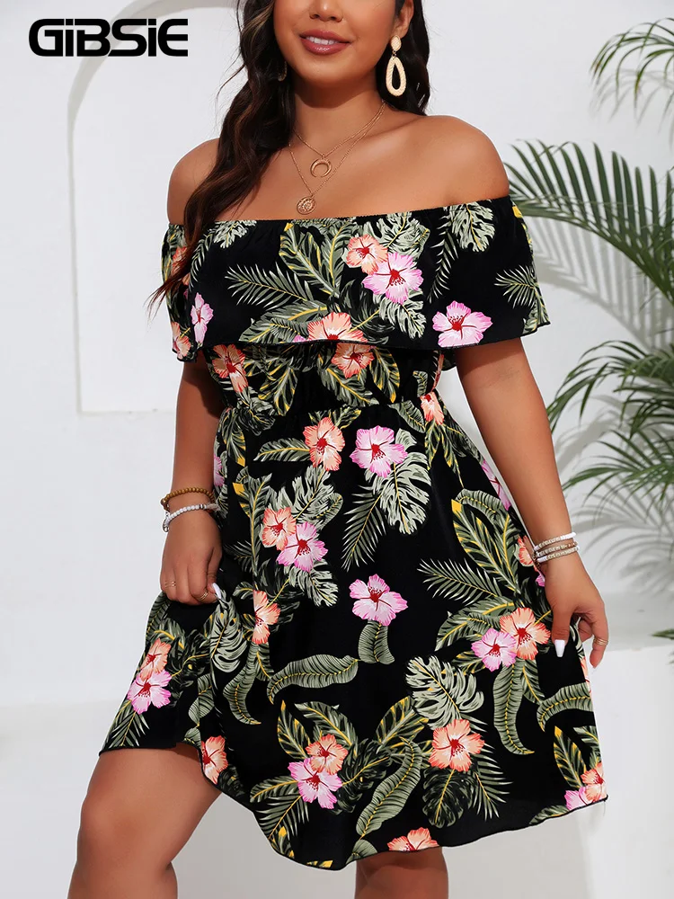 

GIBSIE плюс размер, праздничное платье с открытыми плечами и тропическим принтом, женское лето 2022, пляжное эластичное короткое платье трапециевидной формы в стиле бохо с вырезом в стиле бохо