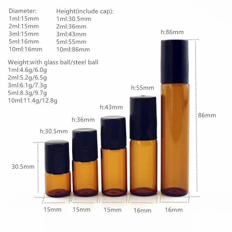 50pcs 1ml 2ml 3ml 5ml 10ml Thin Glass Roll on Bottle with Glass/Metal Ball Amber Roller Essential Oil Vials