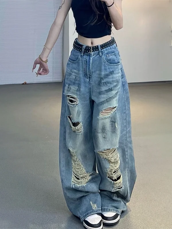 Trendy High-Waisted Wide Leg Jeans Women's Loose Fit Casual Sle Faded Effect Zipper Closure Blue Denim Pants Street Sle